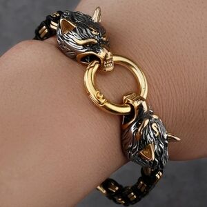 New! MEN'S Black & Gold 5mm Byzantine Wolf Bracelet. 8"